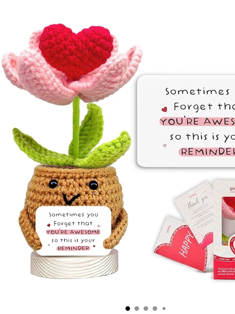 2 For 1: Crocheted Heart Flower Plush with Smiling Planter - Pink, Red, Green